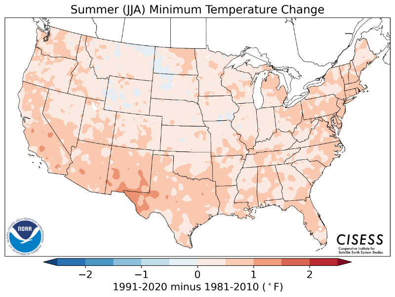 1981-2010 normal summer minimum temperature difference