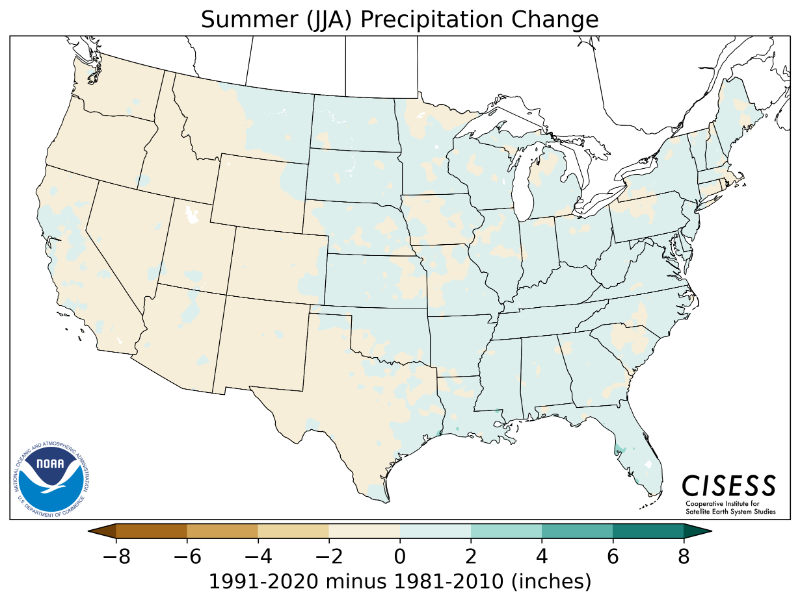 1981-2010 normal summer precipitation value difference