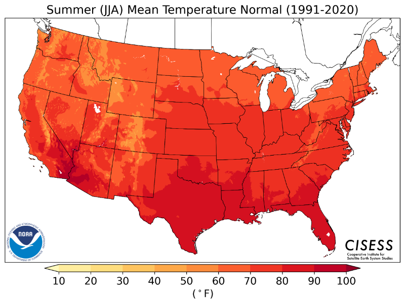 1991-2020 normal summer average temperature