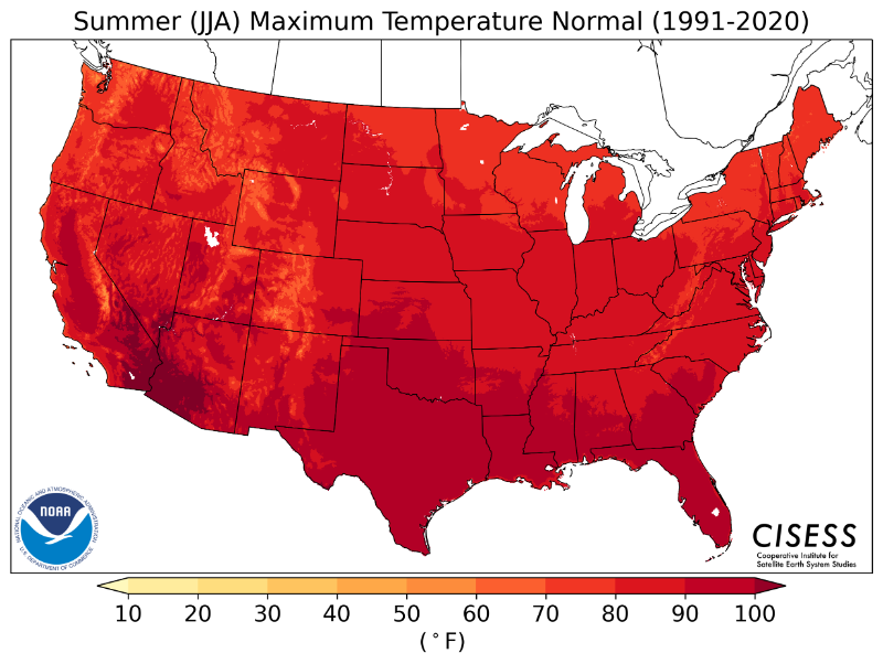 1991-2020 normal summer maximum temperature