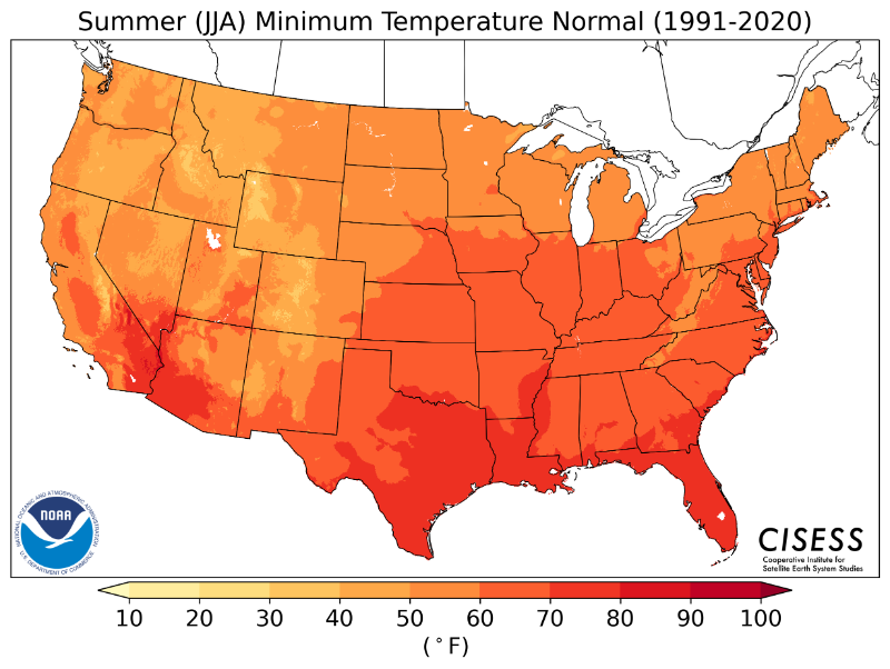1991-2020 normal summer minimum temperature