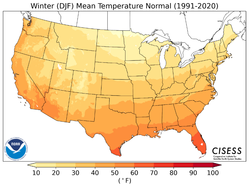 1991-2020 normal December average temperature