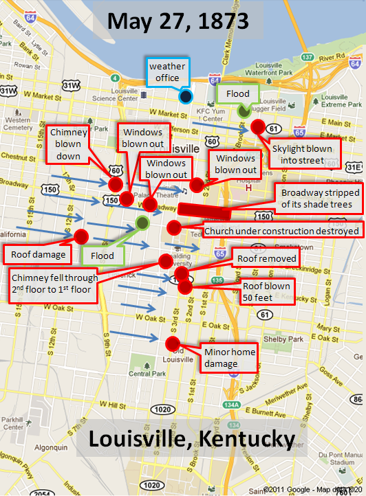 Damage map from May 27, 1873 in Louisville, Kentucky