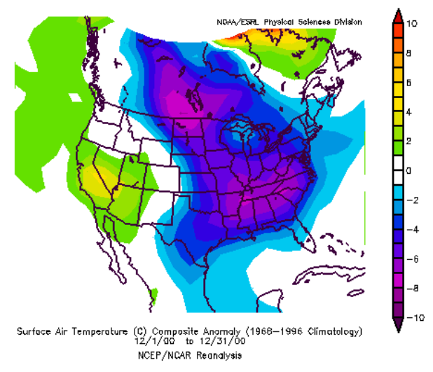 Temperature Departure from Normal in December 2000