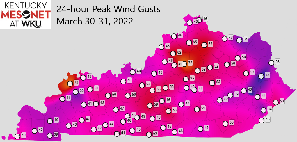 Peak winds March 30-31, 2022