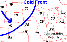 Surface Cold Front with Temperatures Plotted on Both Sides of Front