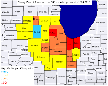 Strong-Violent tornadoes per square mile