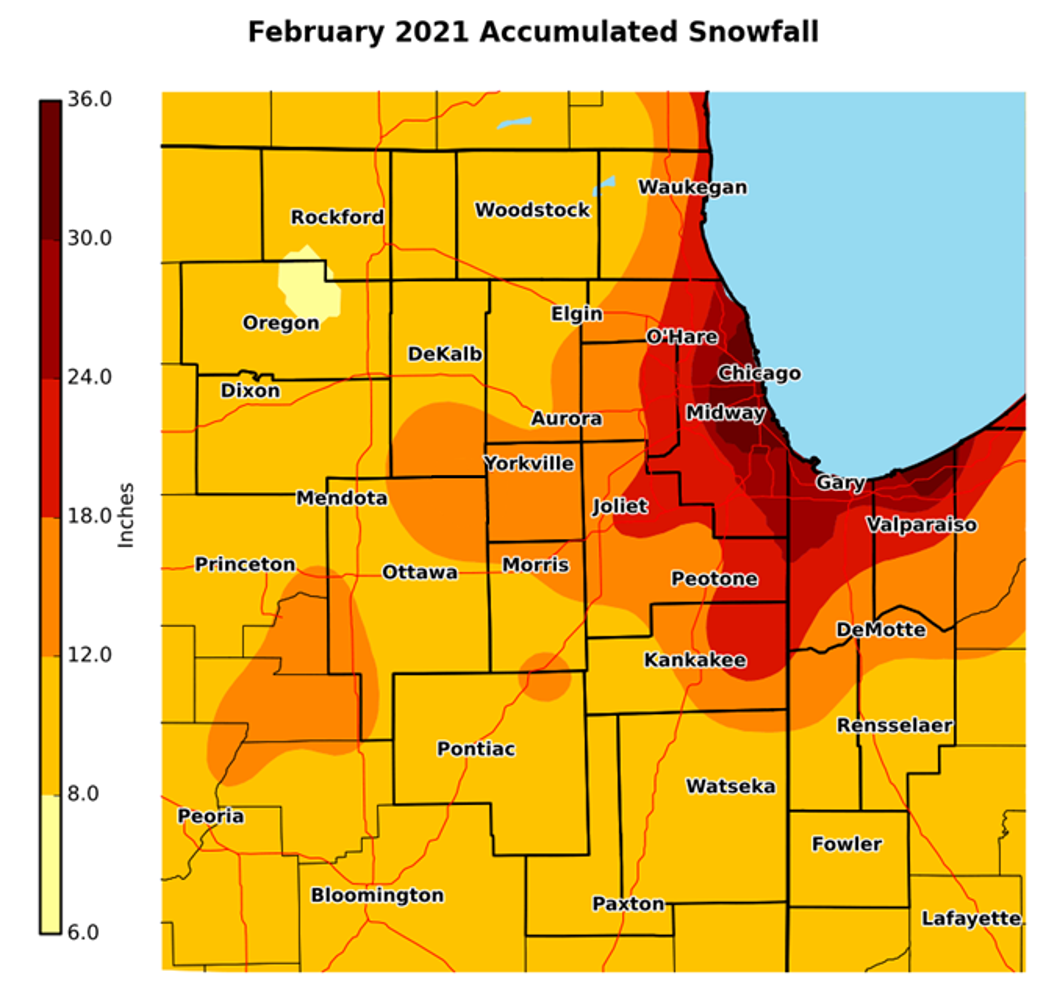 February 2021 Snowfall Across Northern Illinois and Northwest Indiana