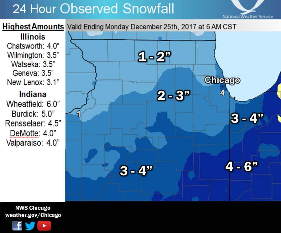 24 Hour Snowfall Totals Ending at 6 am Christmas Day