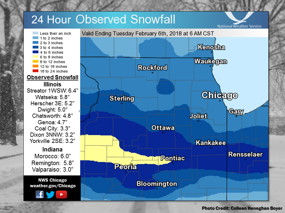 24 Hour Snowfall Ending Feb 6, 2018