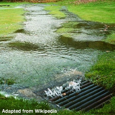 Graphic showing runoff moving into a storm drain.