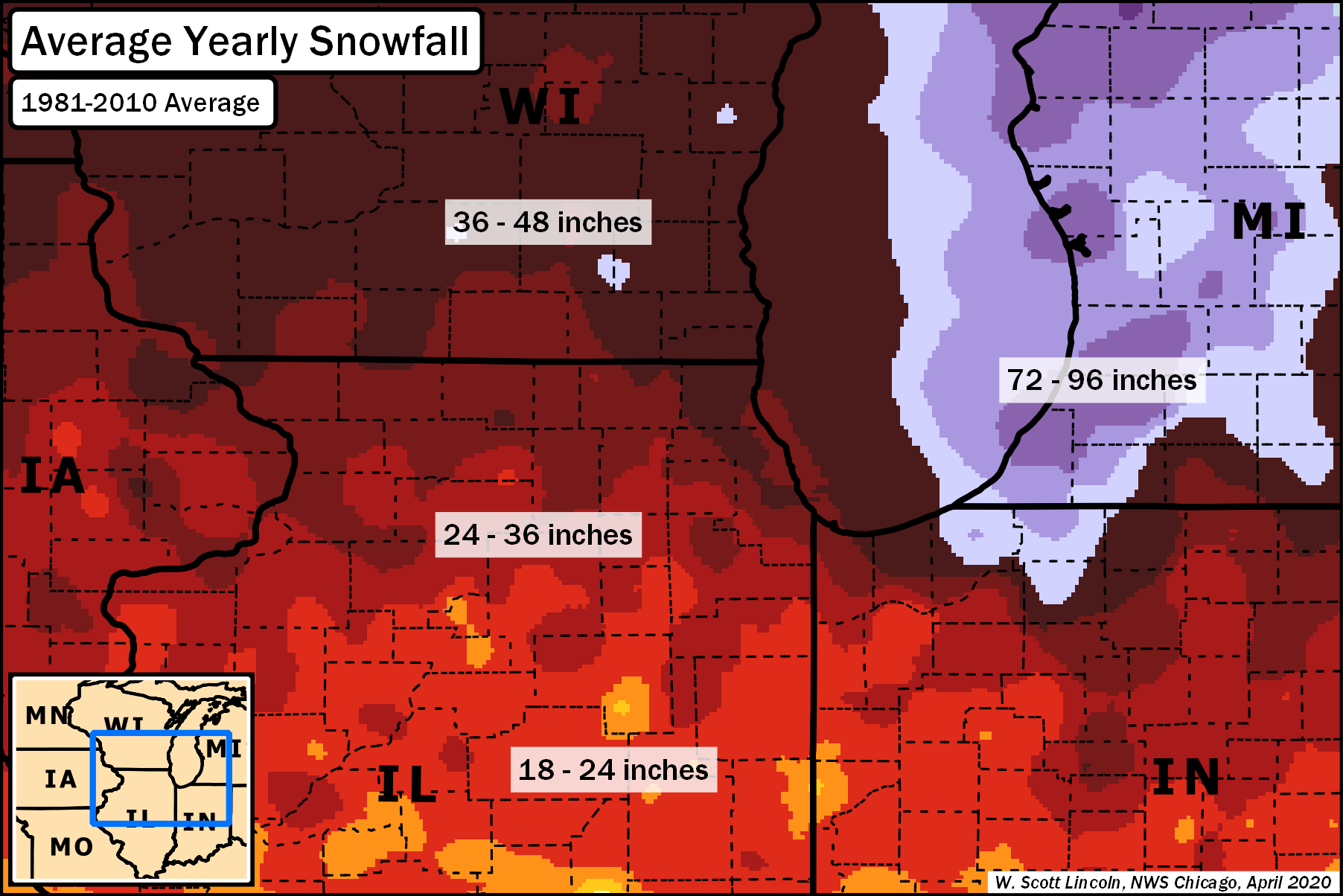 Graphic showing yearly average snowfall for the vicinity of northeast Illinois and northwest Indiana