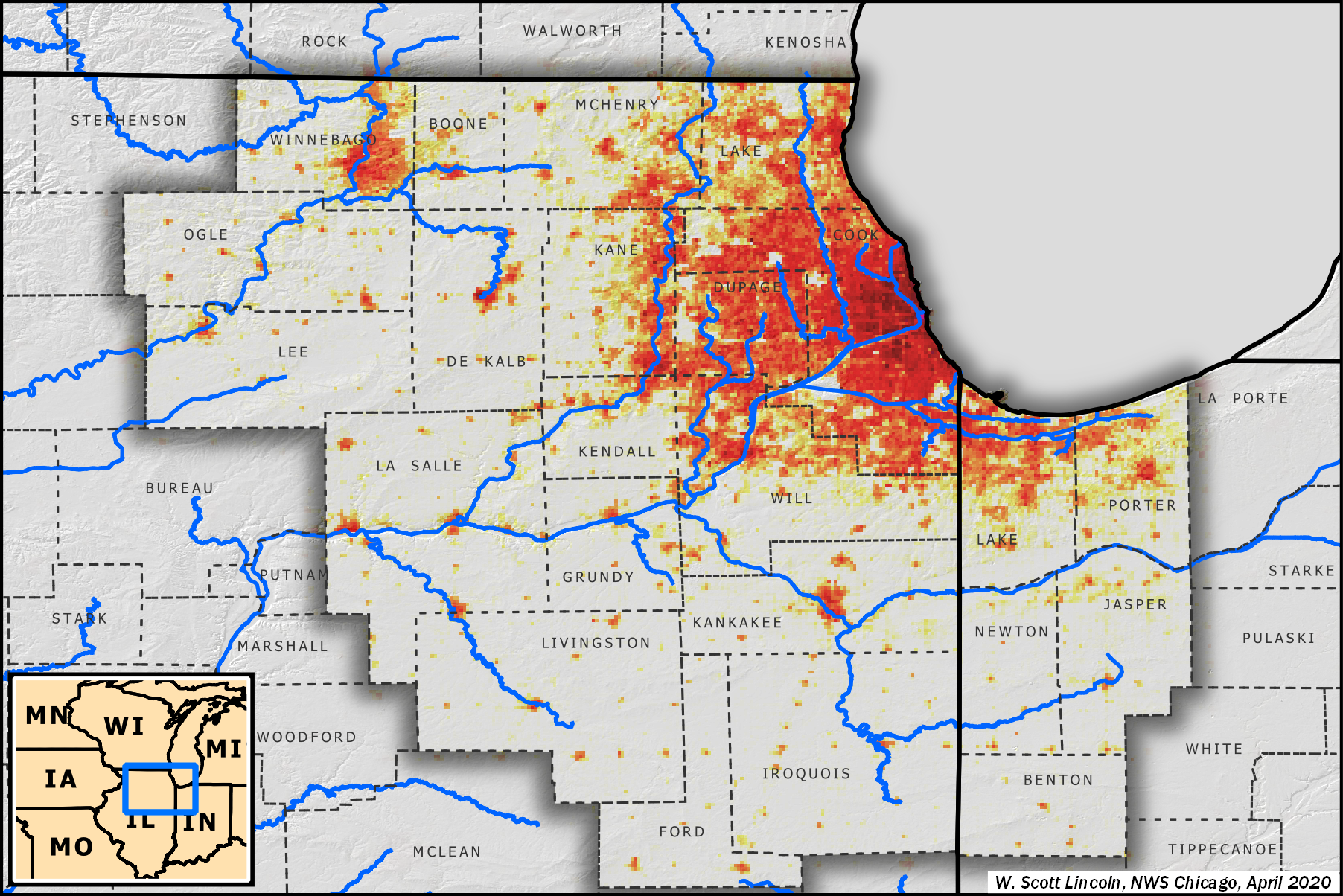 A map showing the population of the NWS Chicago hydrologic services area