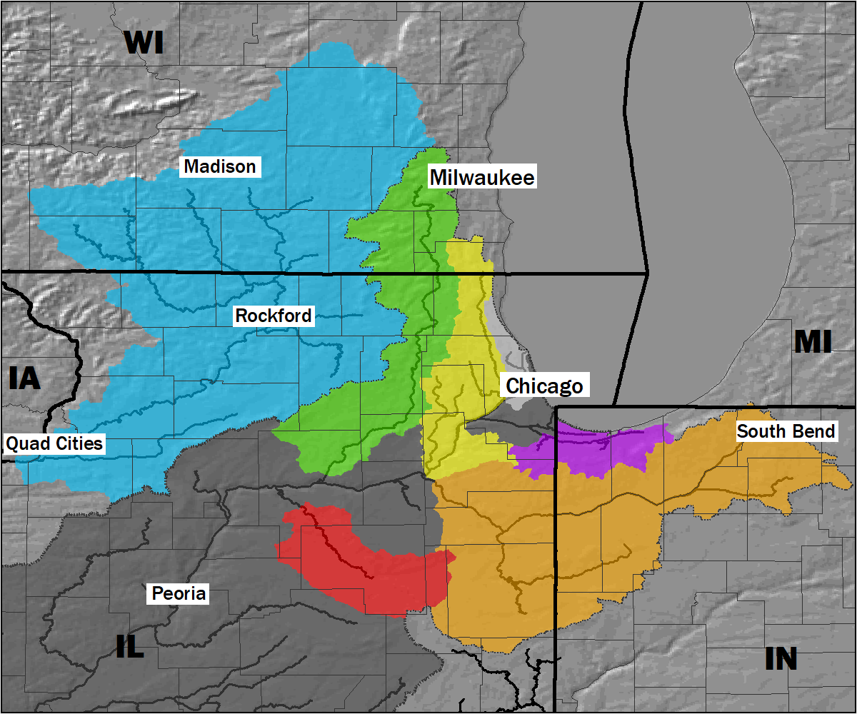 A map of the major river basins in the NWS Chicago hydrologic services area