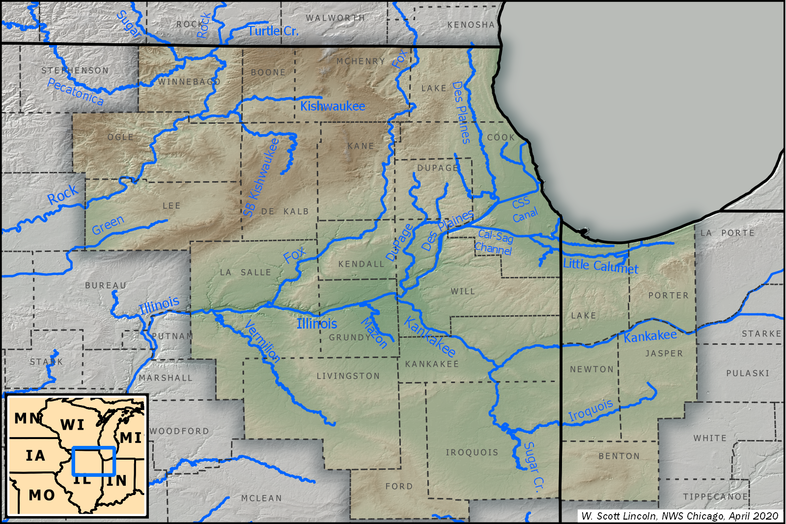 A map showing the elevation of the NWS Chicago hydrologic services area
