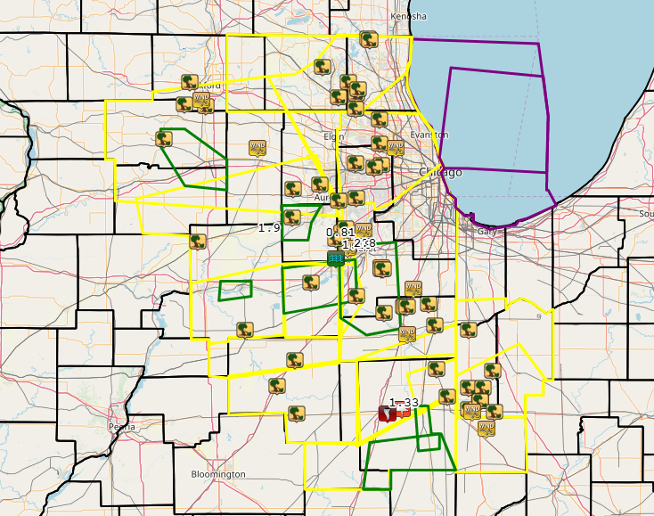 A total of 14 Severe Thunderstorm Warnings (yellow), 2 Special Marine Warnings (purple), and 7 Flood Advisories (green) were issued.Â 