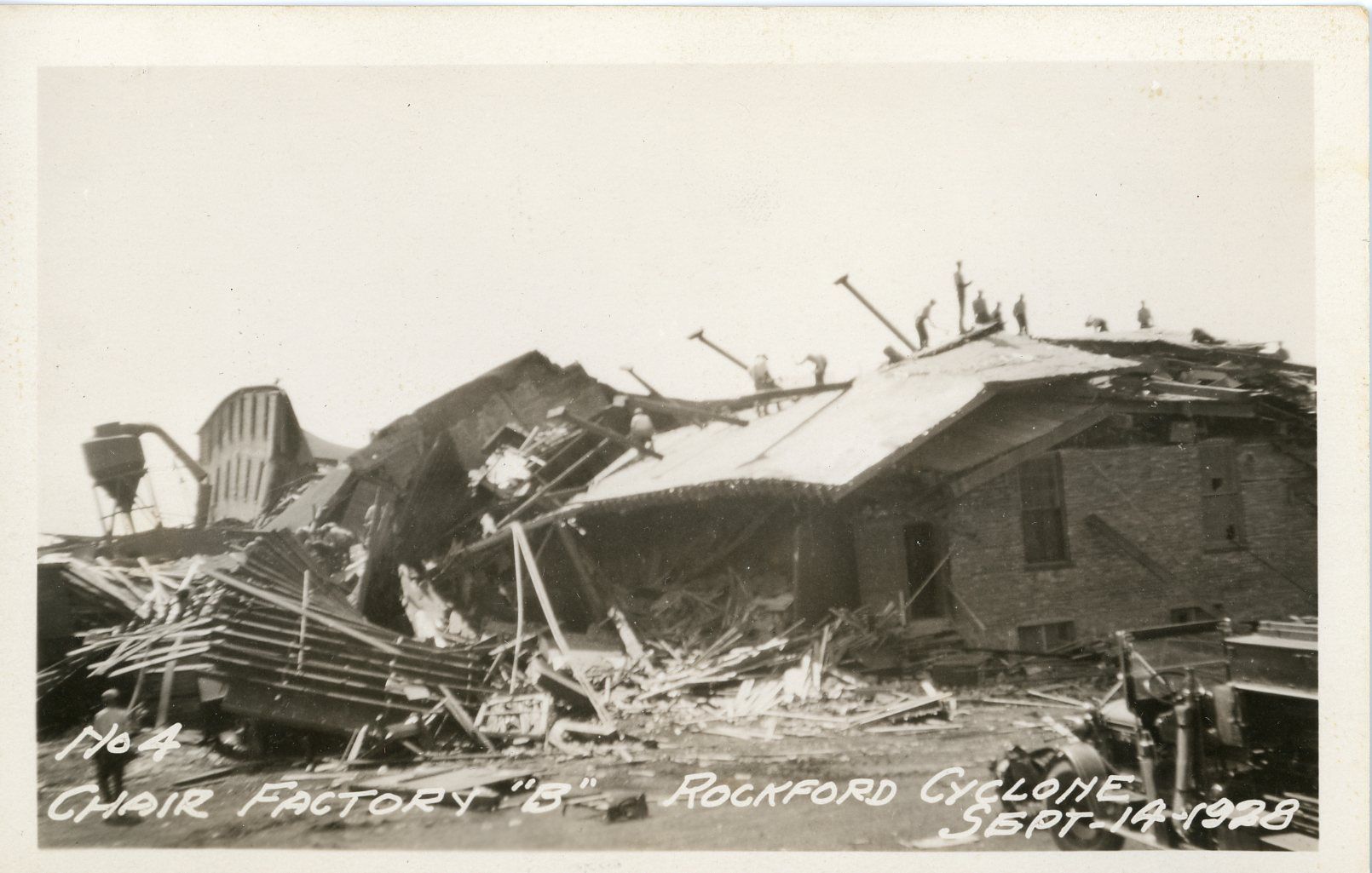 Damage to the Rockford Chair and Furniture Company's Factory B. Photo shows large portion of the building collapsed.