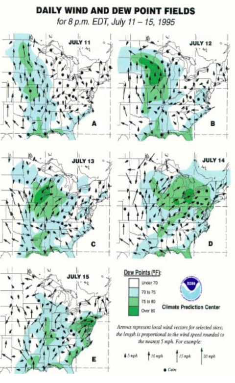 This figure highlights the transport of high humidity air into the Midwest.