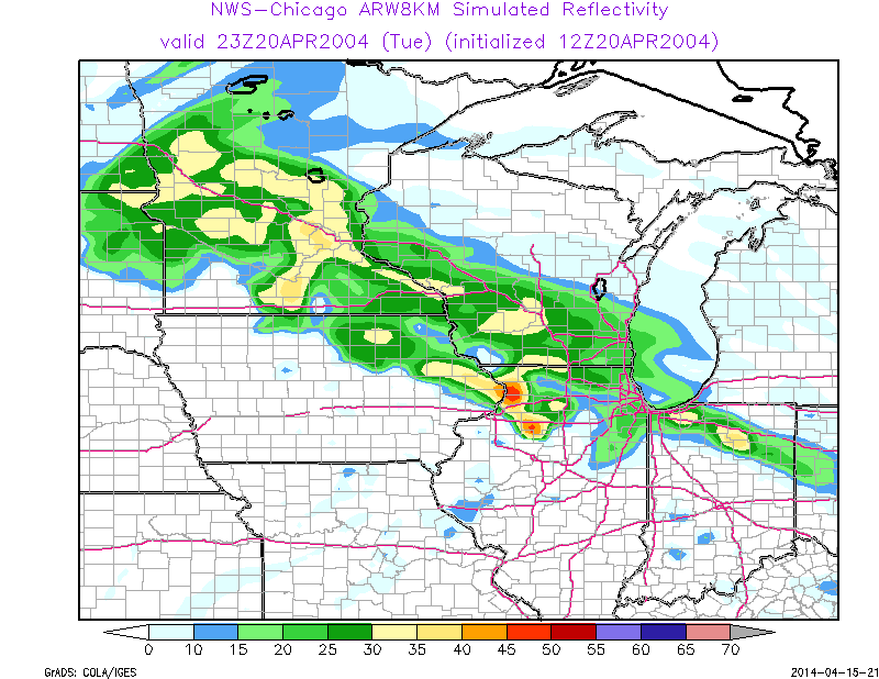 Image showing simulated radar from a retrospective weather model simulation