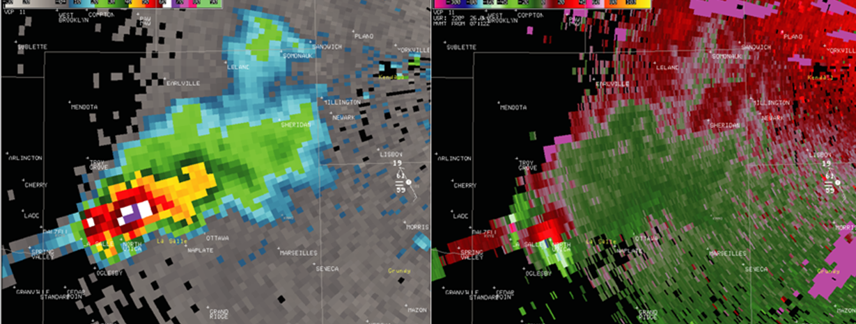 Radar base reflectivity and storm-relative velocity valid while the Granville-Utica tornado was occurring.