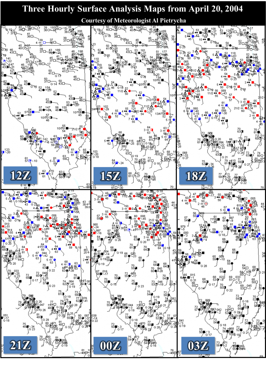 Maps showing surface weather conditions every 3 hours on April 20, 2004