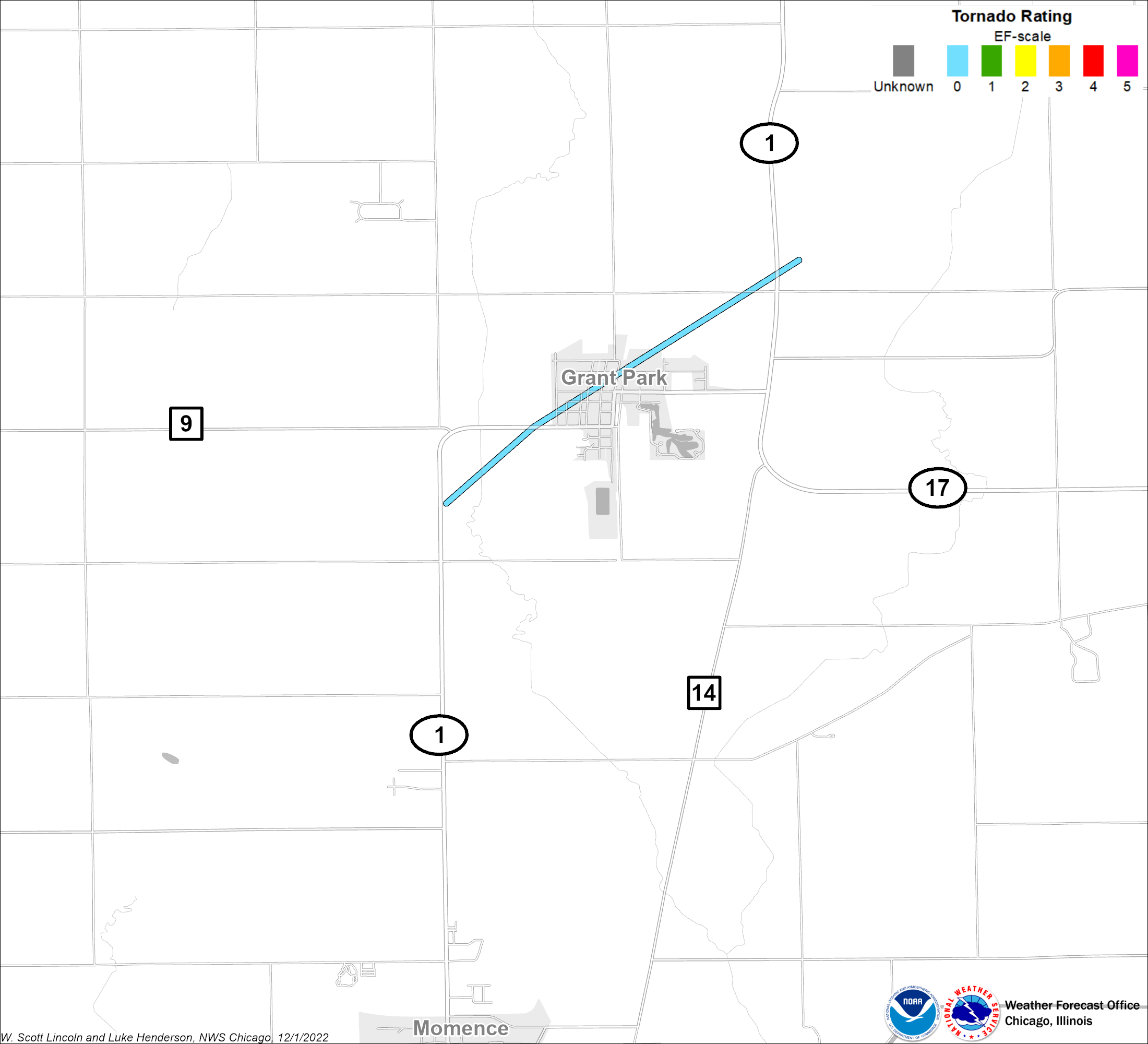 Map showing Grant Park tornado track