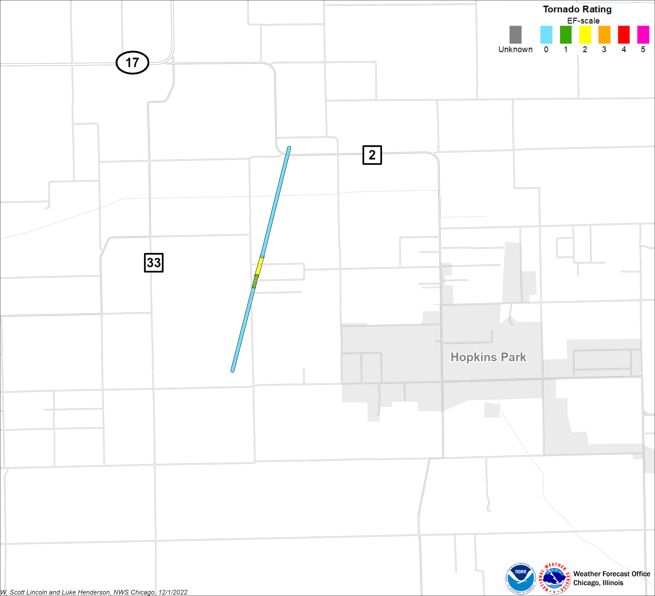 Map showing Hopkins Park tornado track