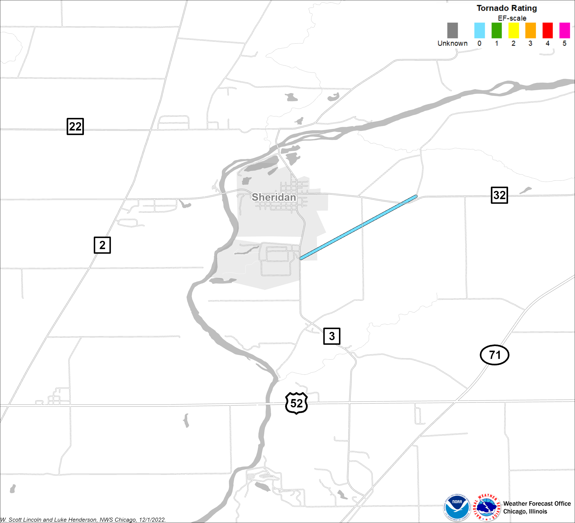 Map showing Sheridan tornado track