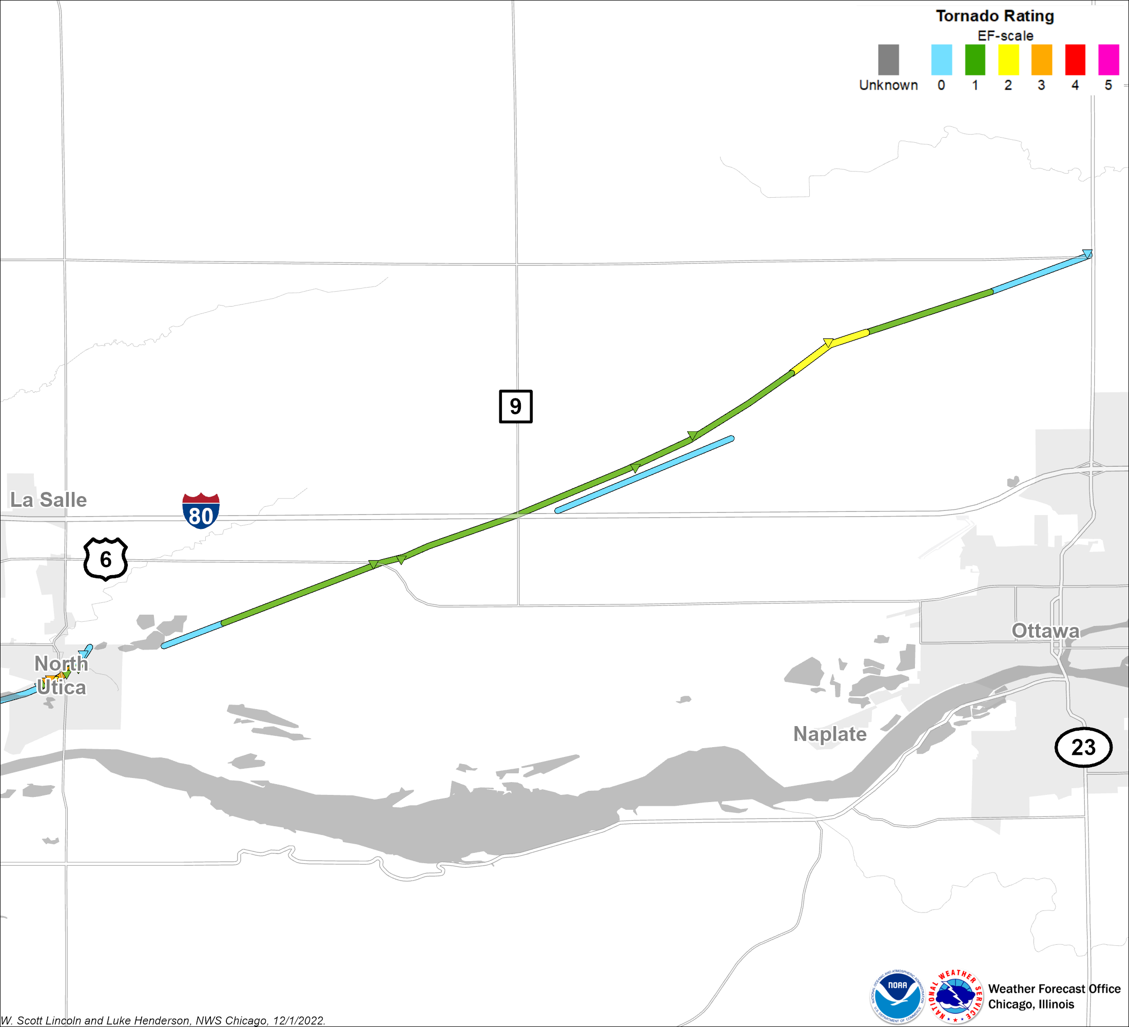 Map showing track of Utica-Ottawa tornado