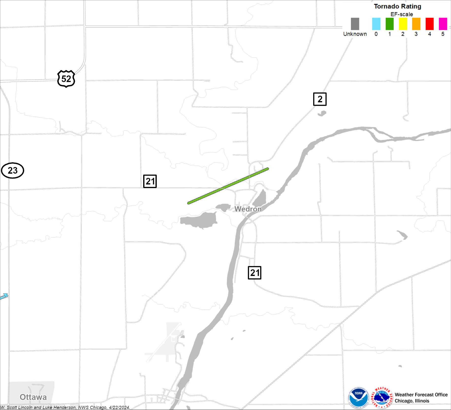 Map showing Wedron tornado track