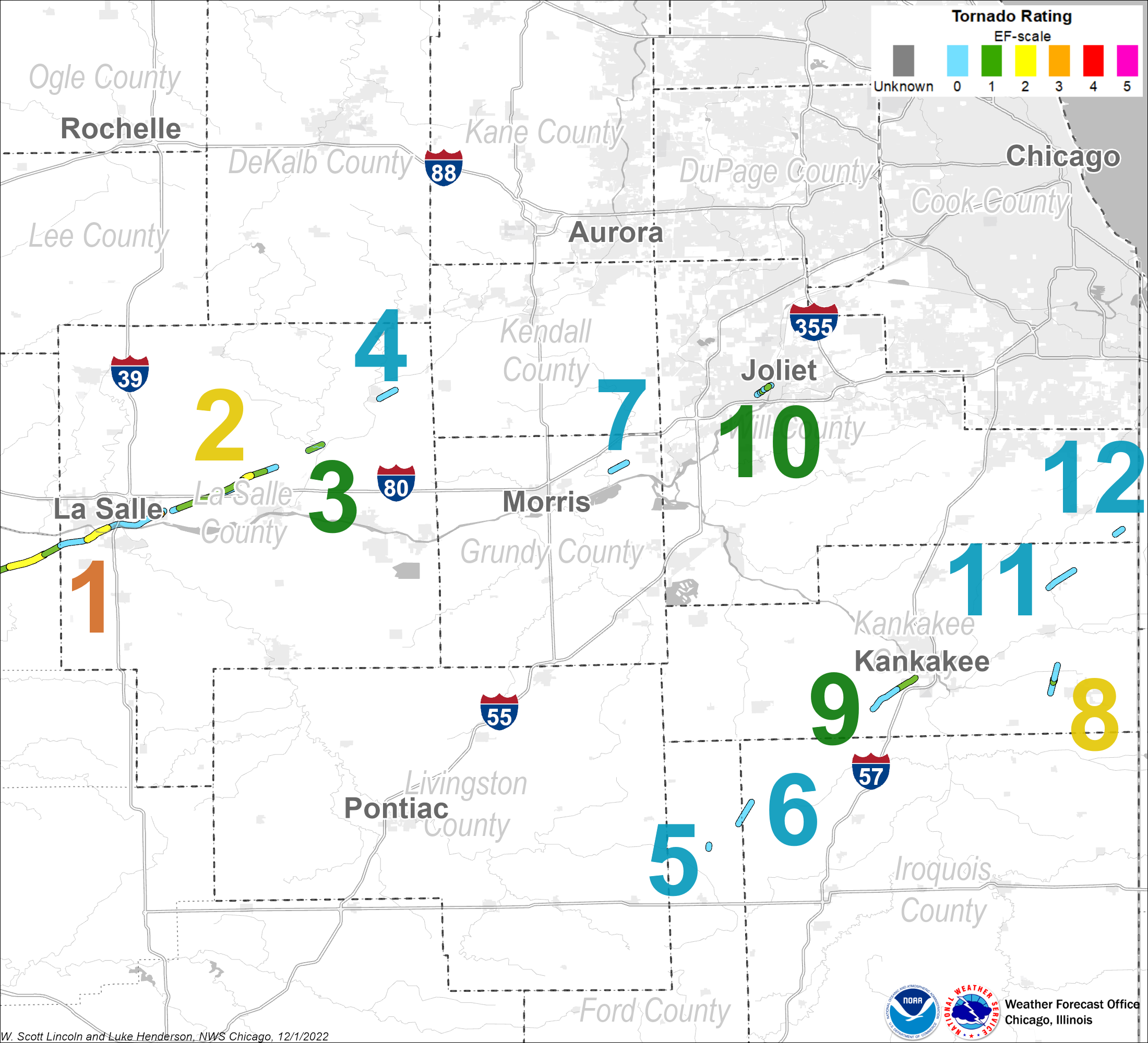 Map showing tornado tracks in northeast Illinois