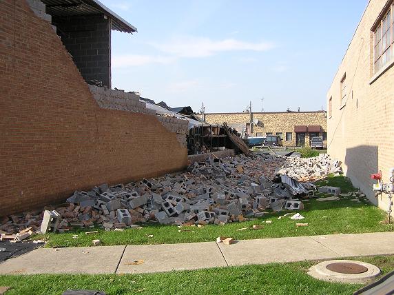 East side of the building in Bridgeview with wall collapsed