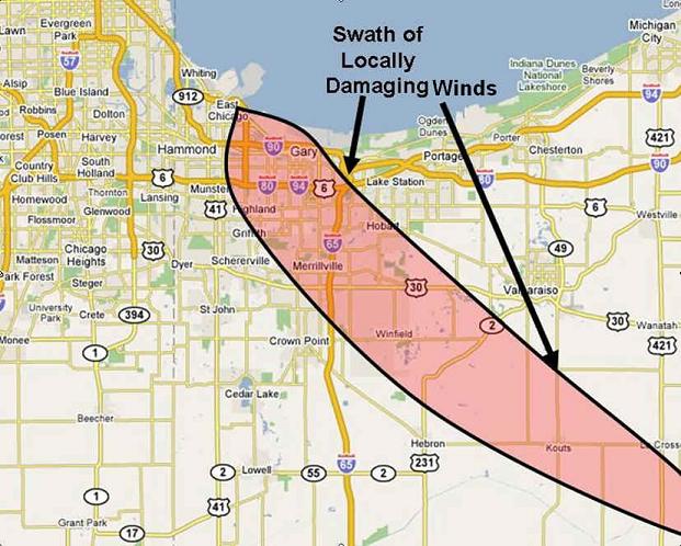 map of damaging winds in NW IN