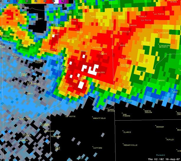 Reflectivity of Hook Echo over southern Porter County