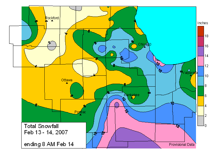 Total Snowfall from the Feb 13-14, 2007 Winter Event