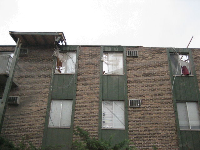 Window damage at Covered Bridges Apartment