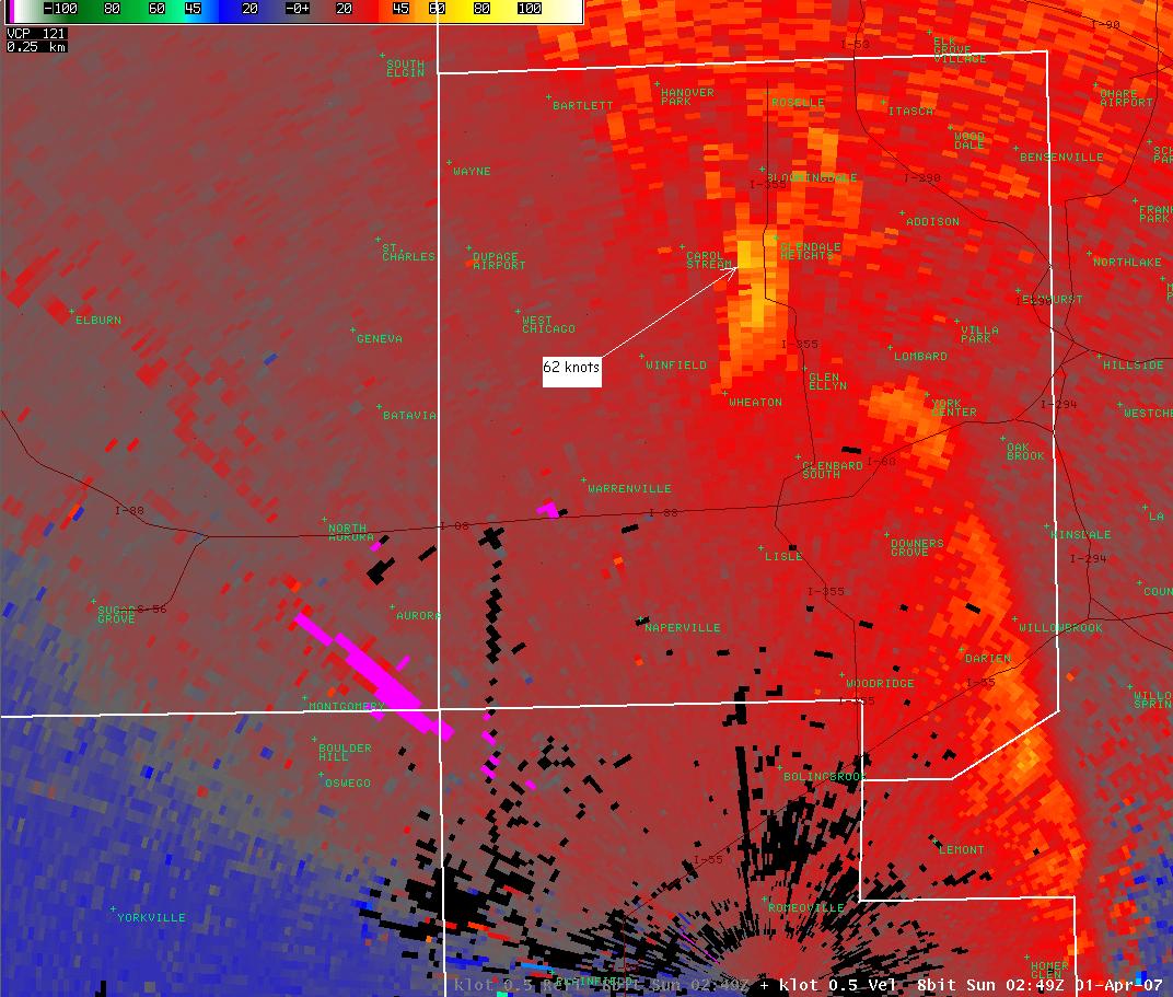 NWS radar radial velocity image from Romeoville, IL