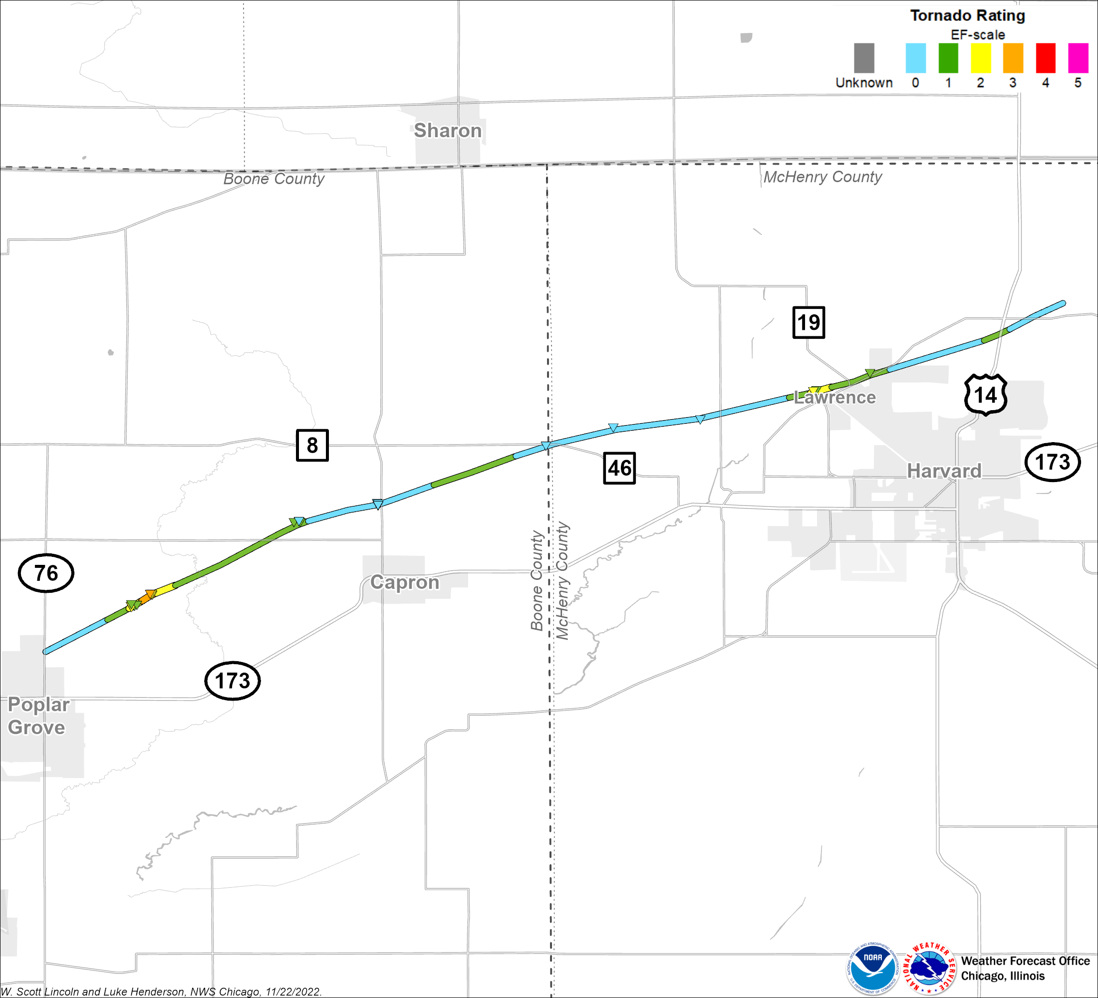 Map showing Poplar Grove Harvard tornado track