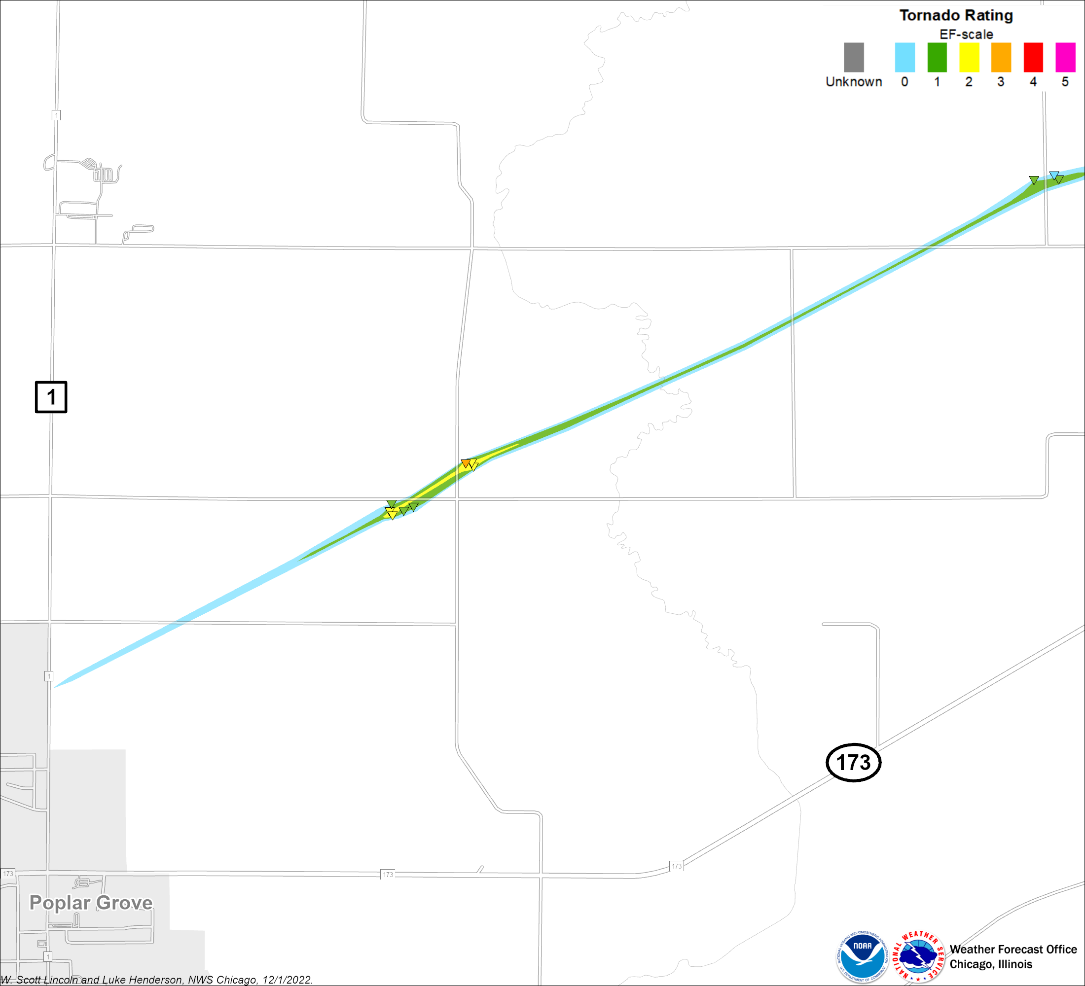Map showing Poplar Grove Harvard tornado track, zoomed in to just north of Poplar Grove