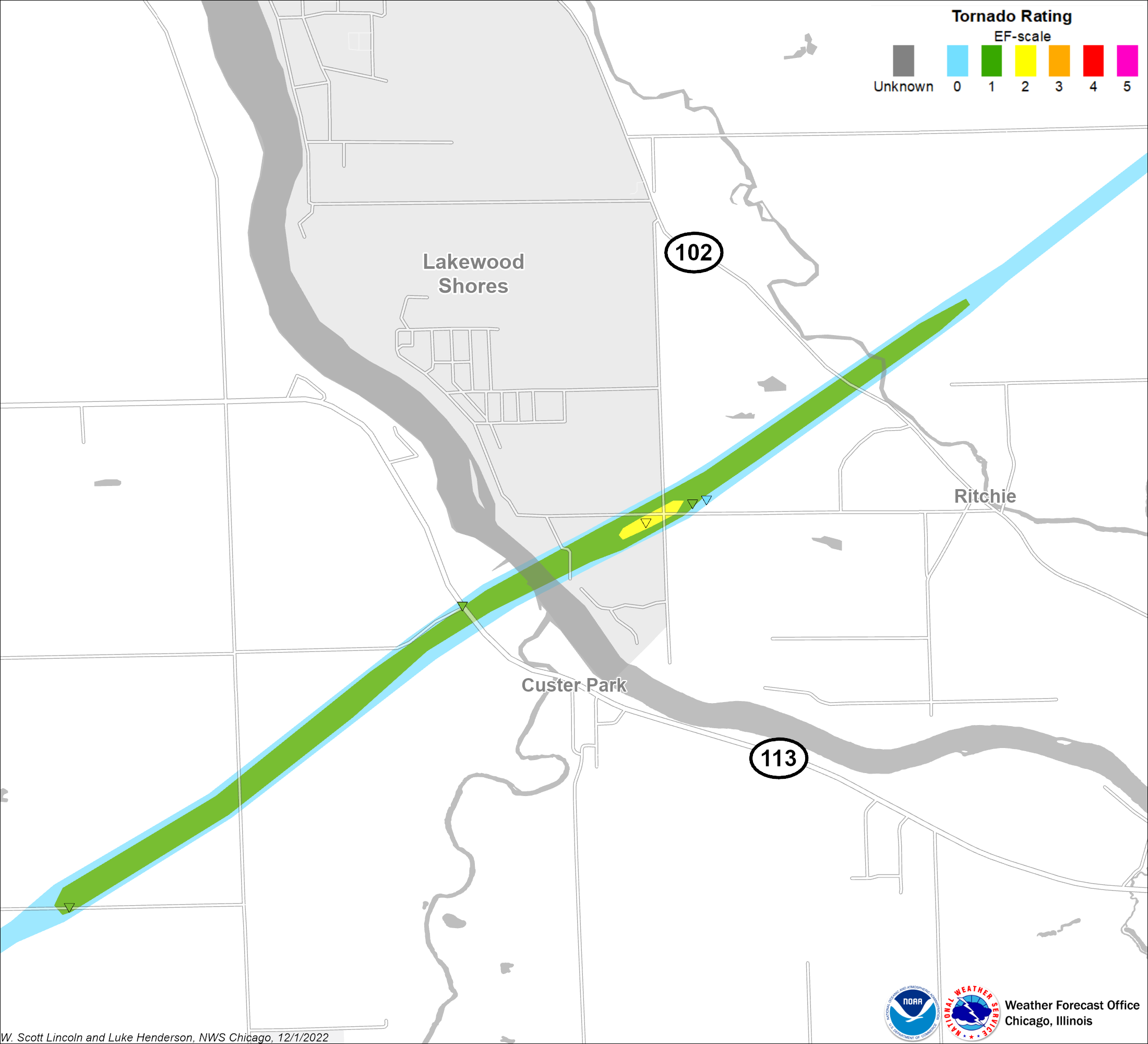 Map showing Essex-Wilmington tornado track zoomed in near Lakewood Shores