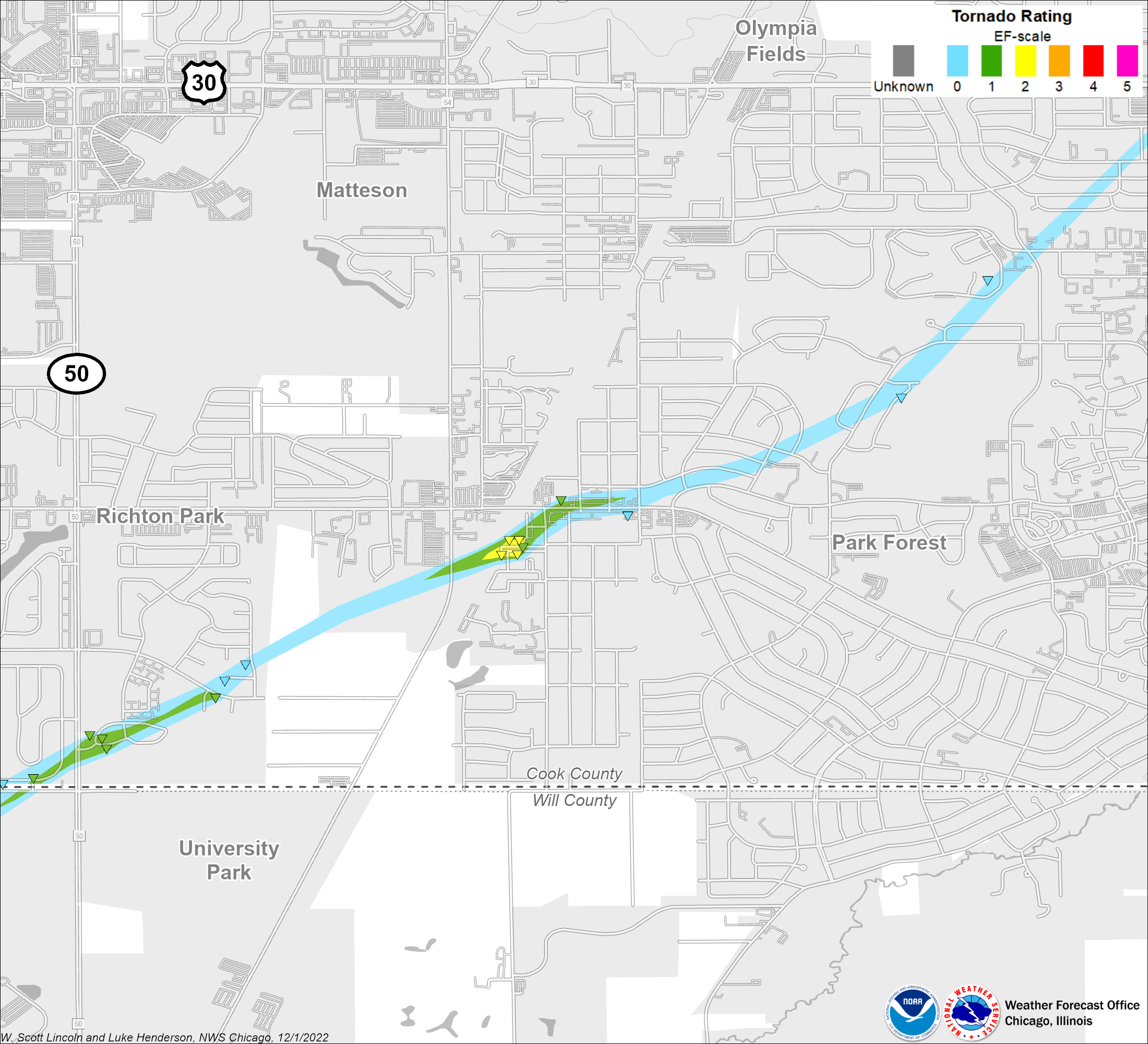 Map showing track of Richton Park Park Forest tornado showing damage in the Park Forest area