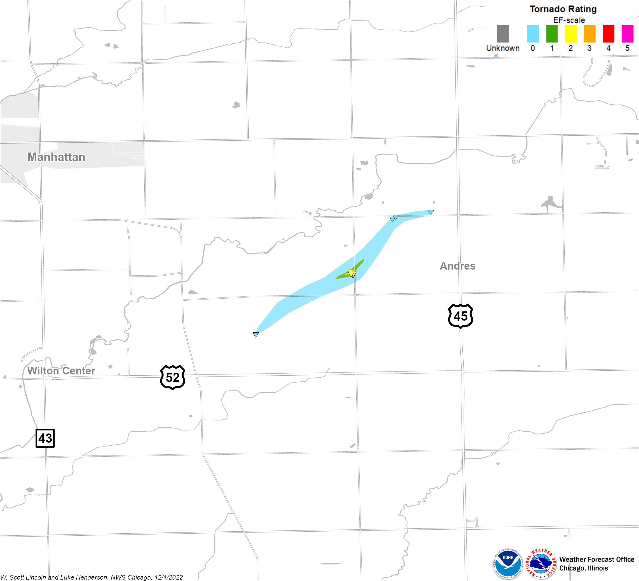 Map showing track of Wilton Center tornado