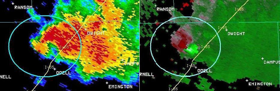 Radar base reflectivity and storm-relative velocity valid 436 PM