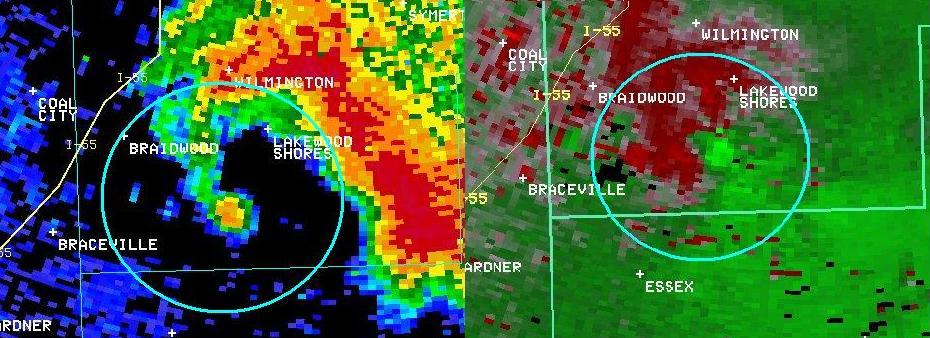 Radar base reflectivity and storm-relative velocity valid 527 PM