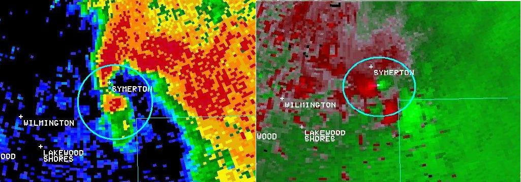 Radar base reflectivity and storm-relative velocity valid 541 PM