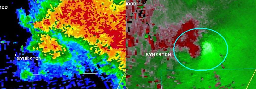 Radar base reflectivity and storm-relative velocity valid 550 PM
