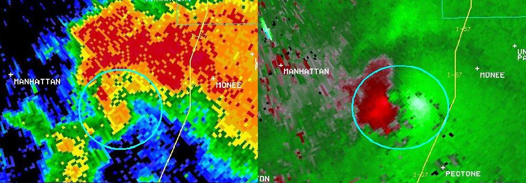 Radar base reflectivity and storm-relative velocity valid 604 PM