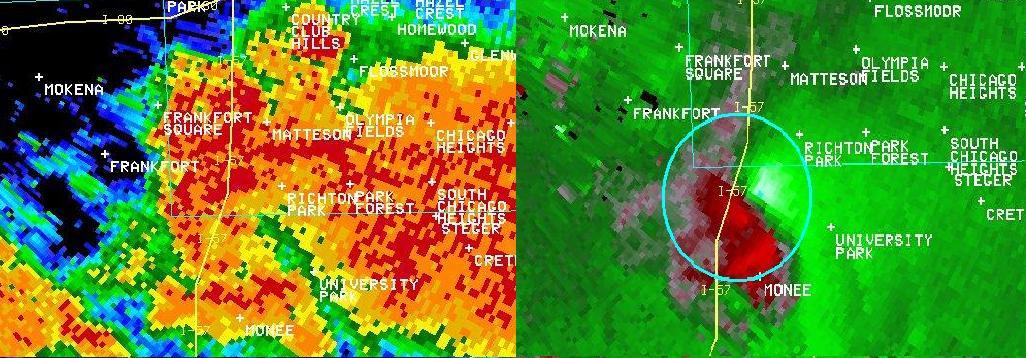 Radar base reflectivity and storm-relative velocity valid 618 PM