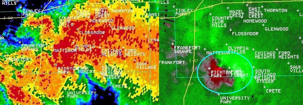 Radar base reflectivity and storm-relative velocity valid 627 PM