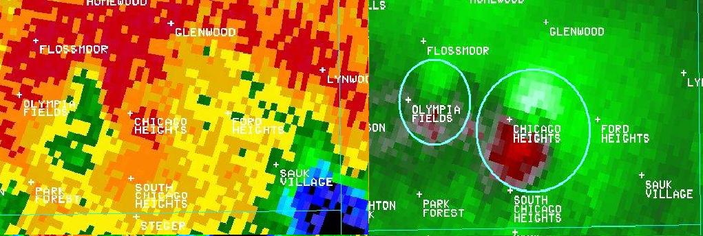Radar base reflectivity and storm-relative velocity valid 636 PM